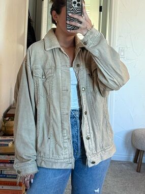 Beige Oversized Courduroy Jacket - Casual Canvas Coat